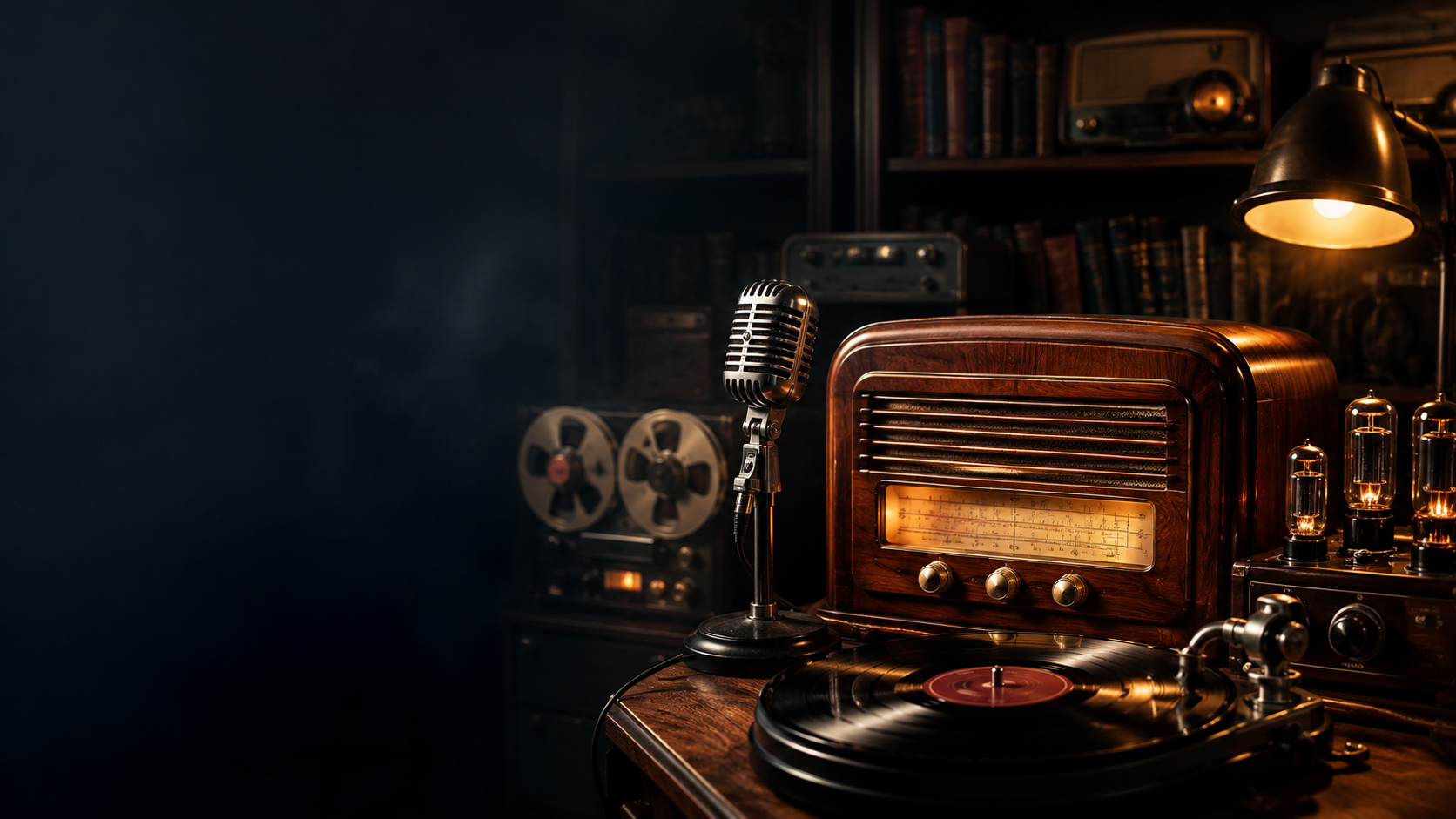Vintage radio, broadcast microphone and record player in a warmly lit music archive